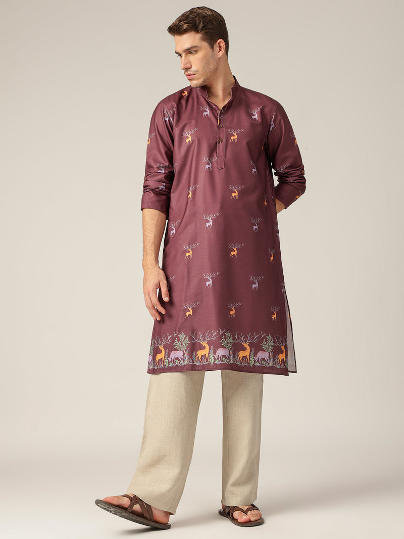 Maroon: Animal Block Printed Casual Kurta