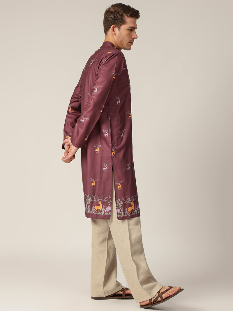 Maroon: Animal Block Printed Casual Kurta