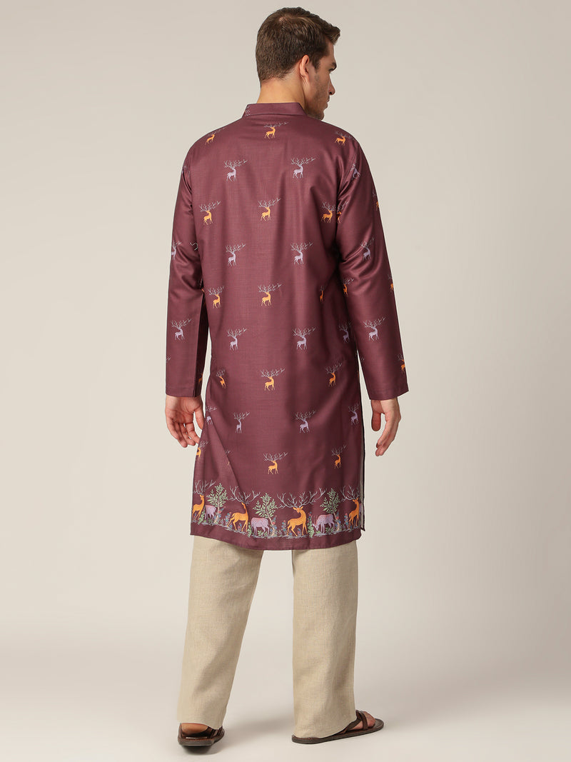 Maroon: Animal Block Printed Casual Kurta