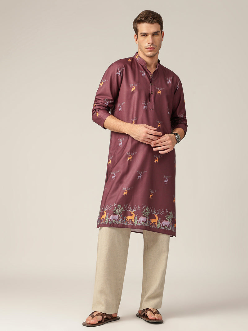 Maroon: Animal Block Printed Casual Kurta