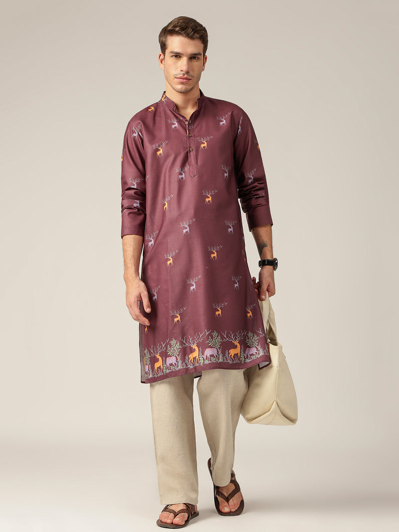Maroon: Animal Block Printed Casual Kurta