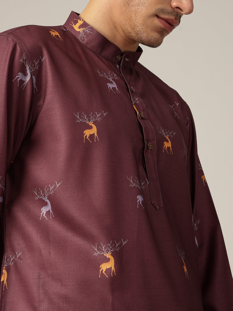 Maroon: Animal Block Printed Casual Kurta