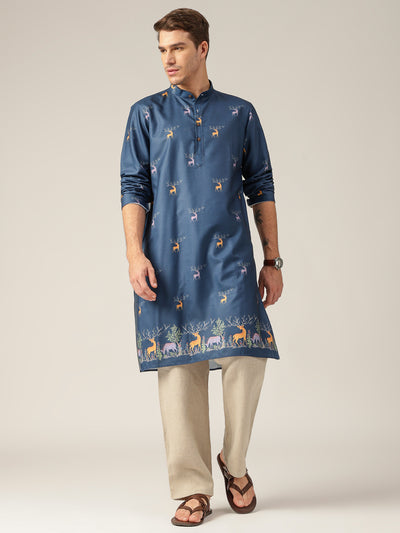 Blue: Animal Block Printed Casual Kurta