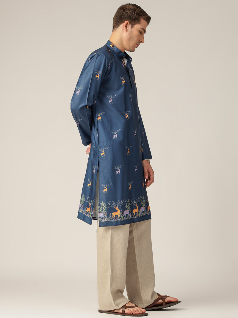 Blue: Animal Block Printed Casual Kurta