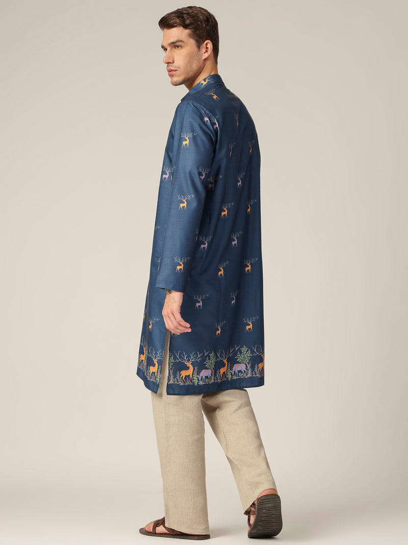 Blue: Animal Block Printed Casual Kurta