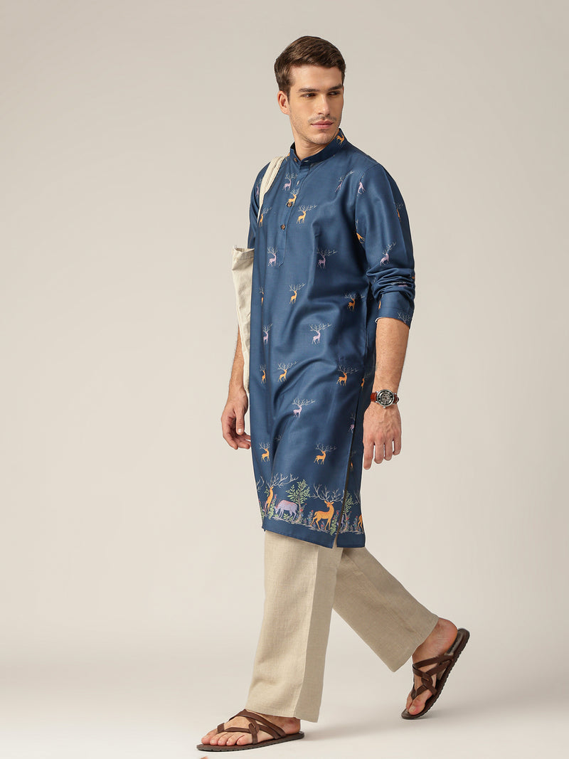 Blue: Animal Block Printed Casual Kurta