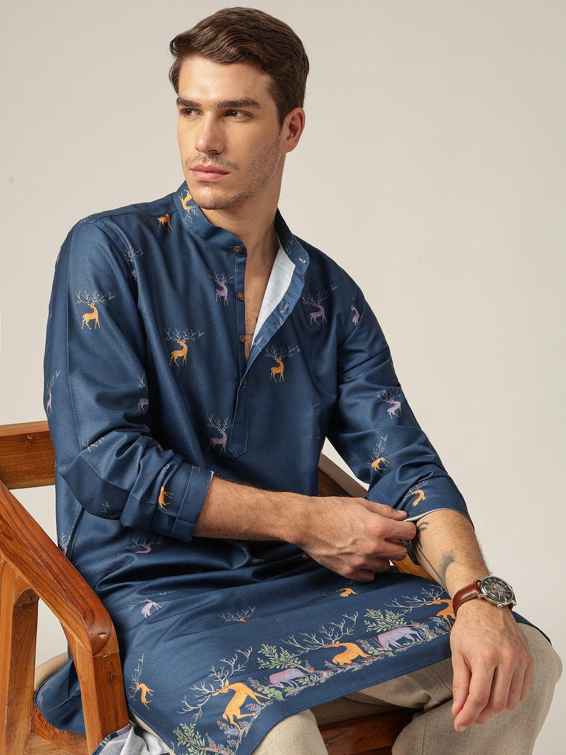 Blue: Animal Block Printed Casual Kurta