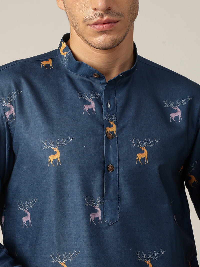 Blue: Animal Block Printed Casual Kurta