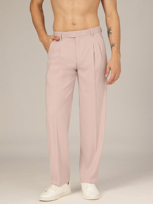 Light Pink: Korean Baggy Fit Double Pleated Casual Trouser