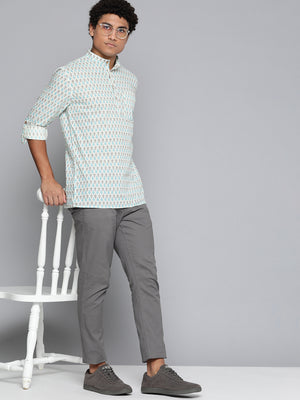 DENNISON Men White & Blue Block Printed Kurta