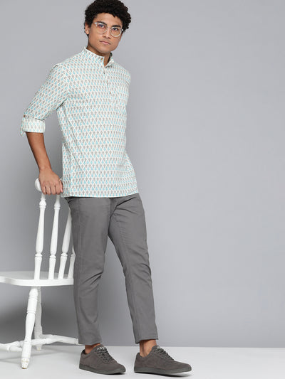 DENNISON Men White & Blue Block Printed Kurta