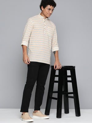 DENNISON Men White & Orange Block Printed Kurta