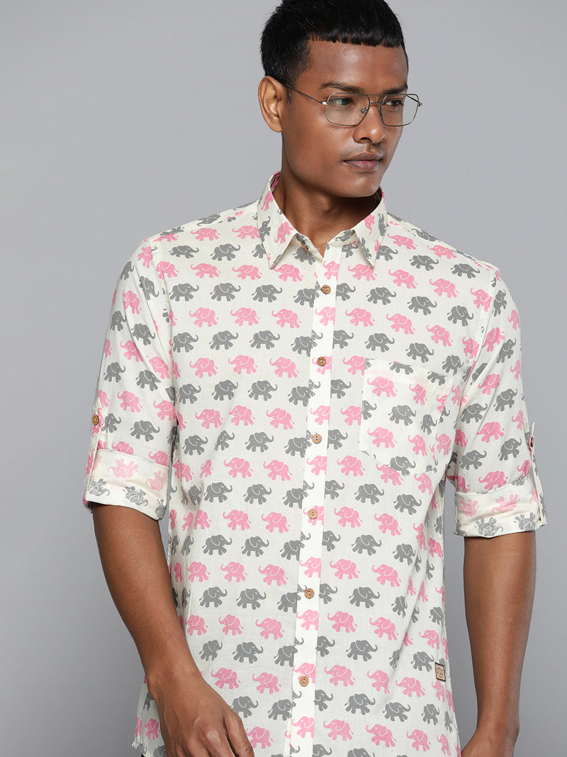 DENNISON Men Cream-Coloured Block Printed Shirt