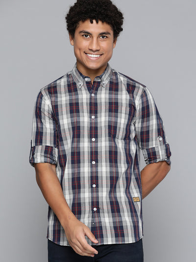 DENNISON Men Navy Blue Regular Fit Checked Casual Shirt