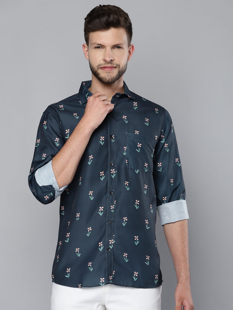 Men Navy Blue Smart Slim Fit Floral Printed Formal Shirt