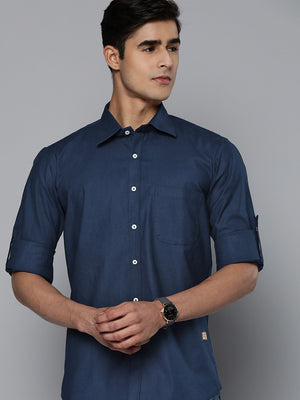 DENNISON Men Navy Blue Solid Pure Cotton Smart Slim Fit Casual Shirt