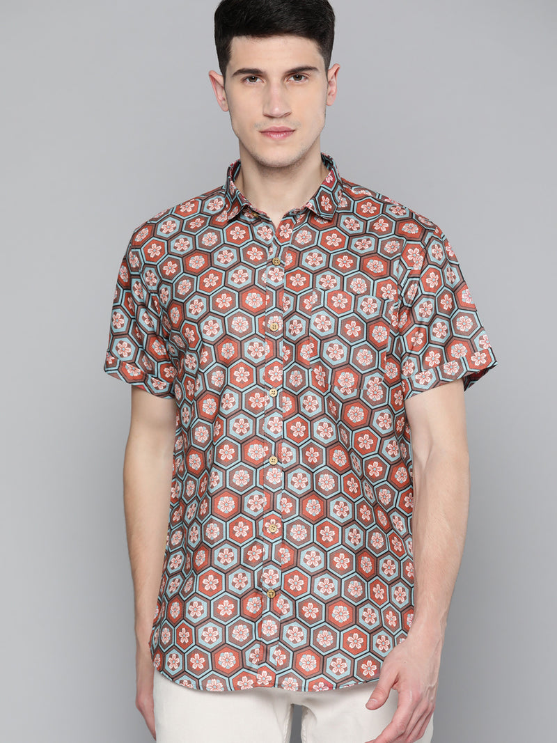 Men Brown Comfort Fit Printed Casual Shirt