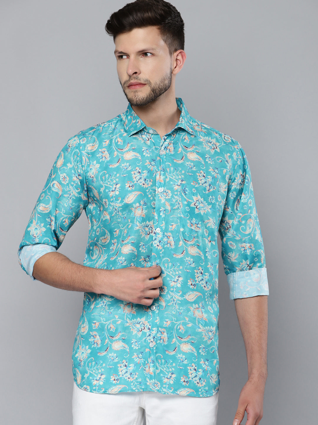 Men Turquoise Blue Smart Slim Fit Floral Printed Formal Shirt