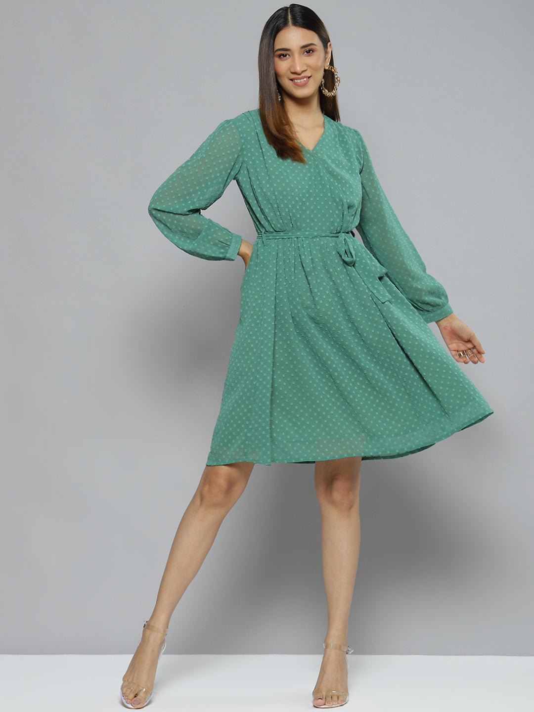Green Self-Design Tie-Up Detail Dress