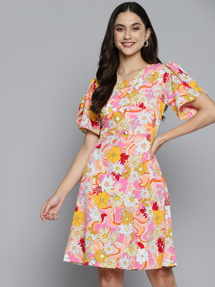 Multicoloured Floral Crepe A-Line Dress