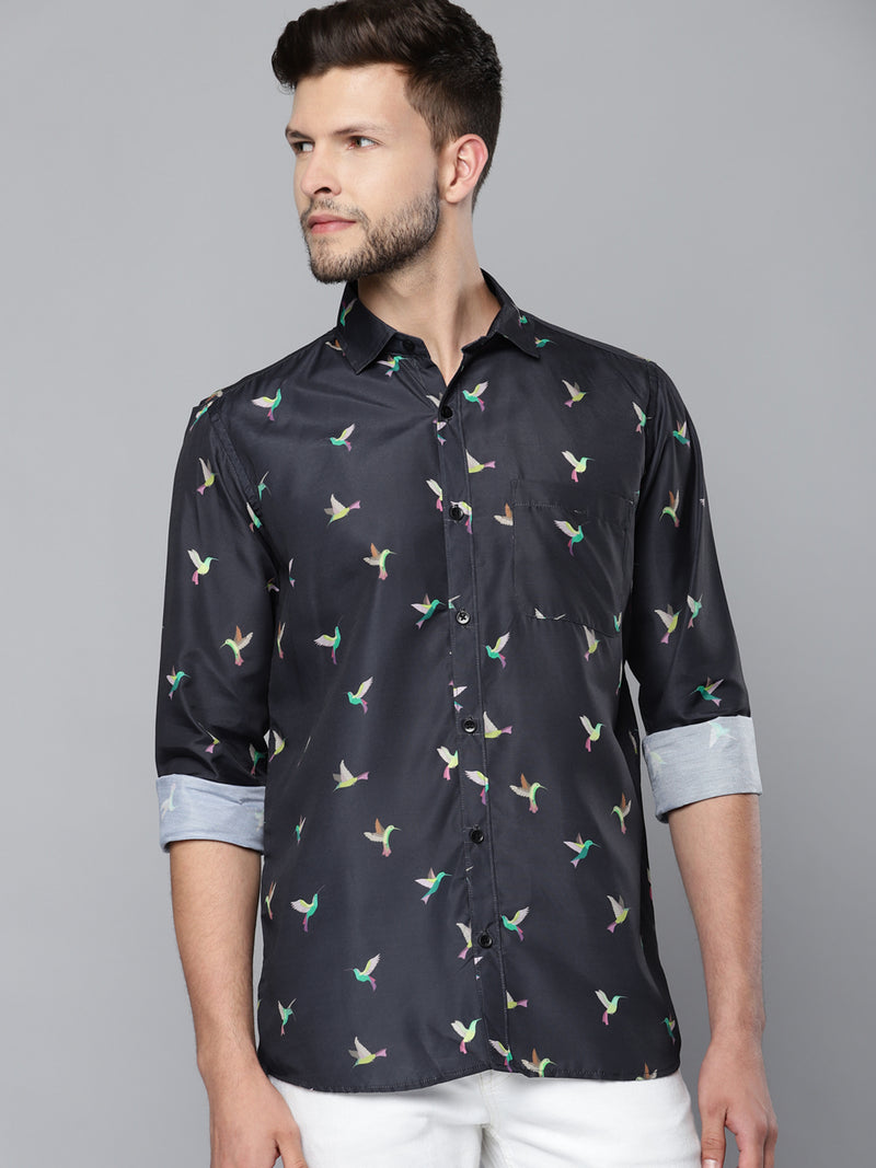 Men Navy Blue Smart Slim Fit Printed Formal Shirt