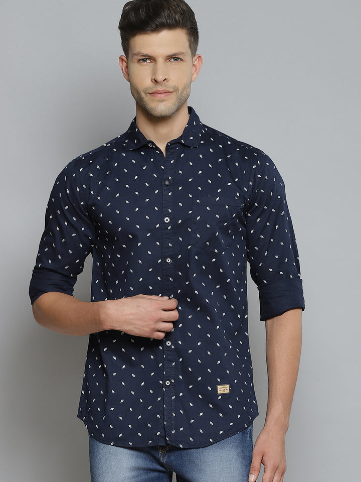 Men Navy Blue Smart Slim Fit Opaque Printed Casual Shirt