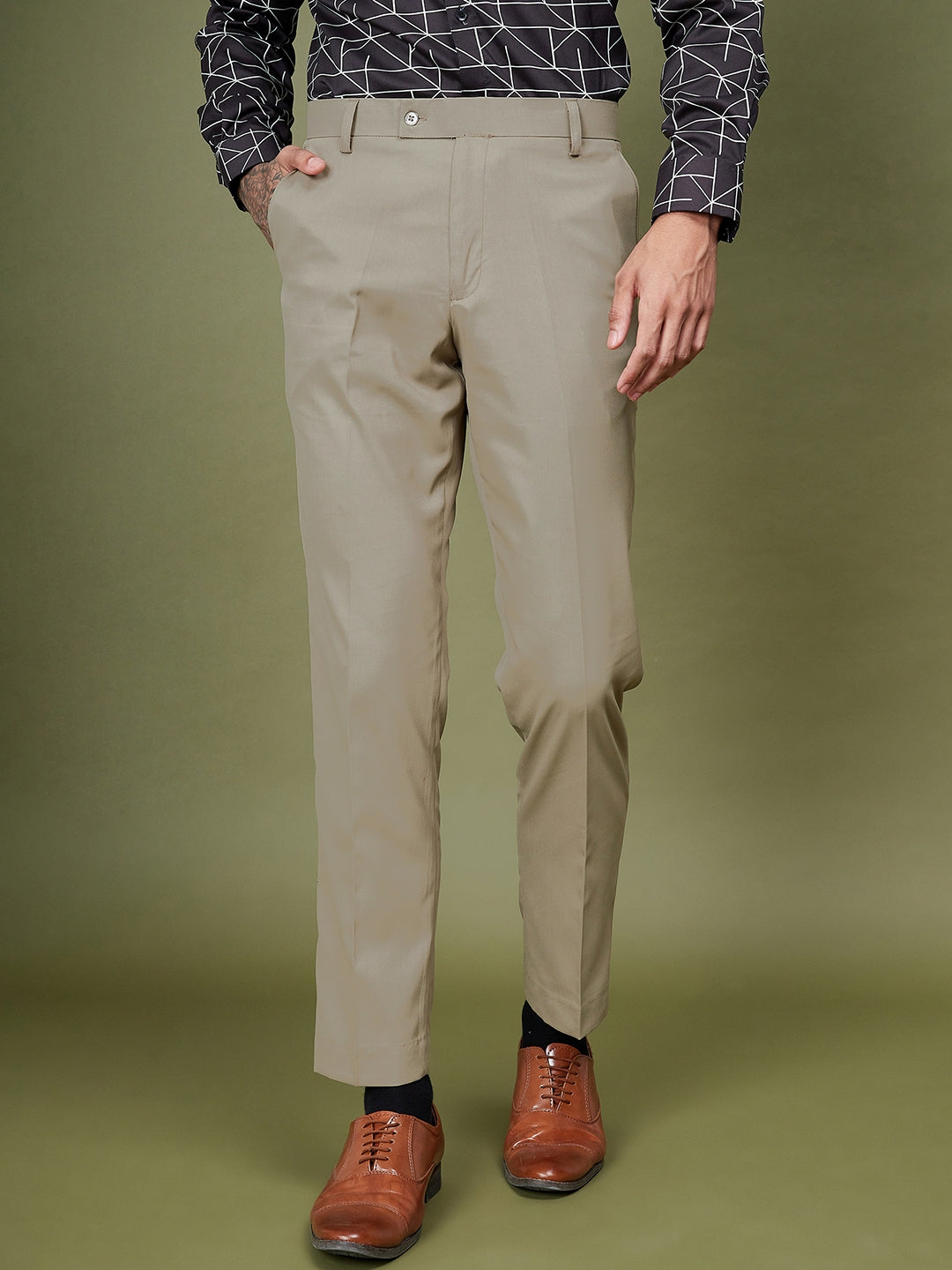 DENNISON Beige Men Flat-Front Mid-Rise Smart Formal Trousers