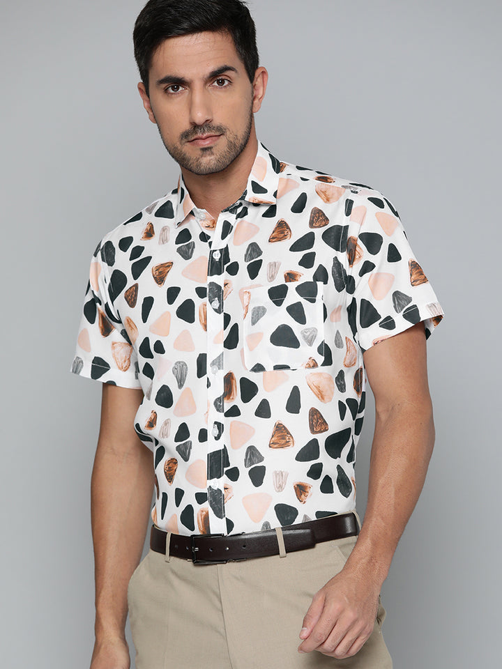 Men White Abstract Printed Smart Slim Fit Casual Shirt