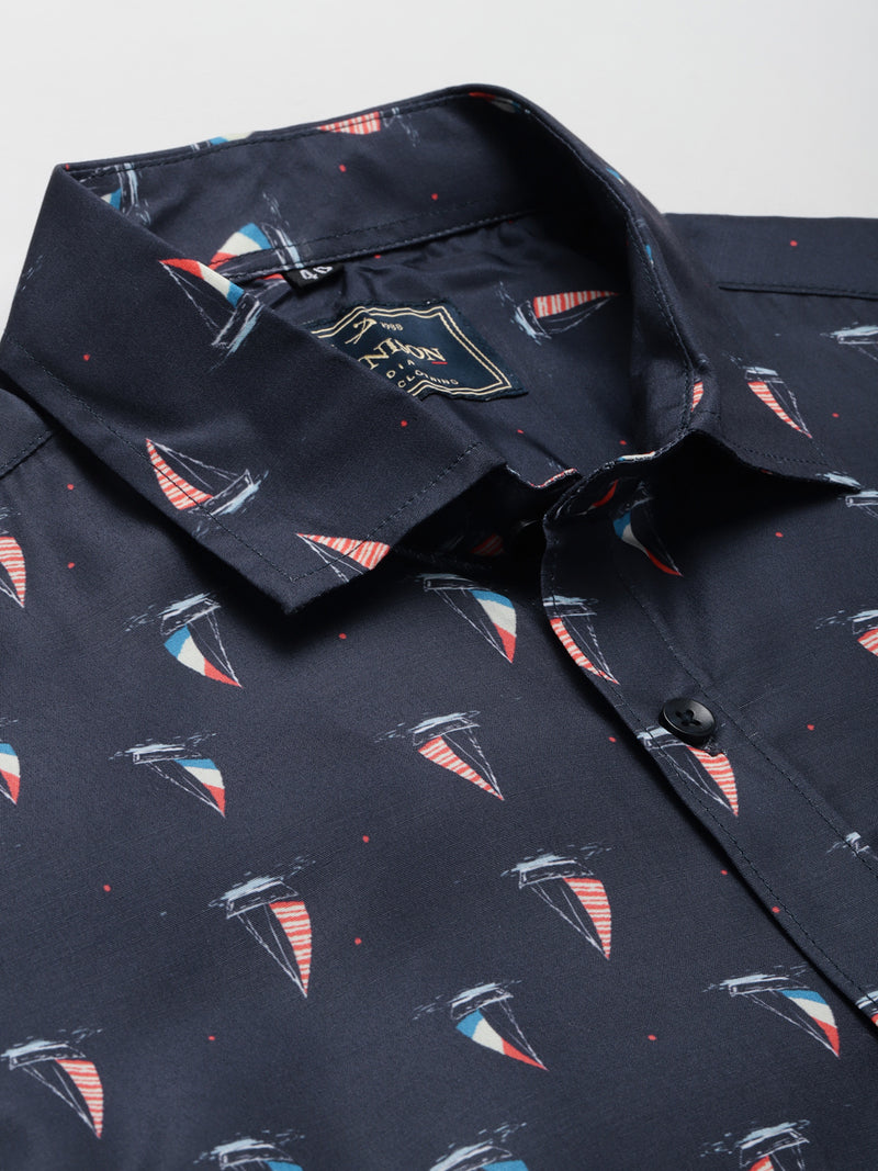Men Navy Blue Smart Slim Fit Printed Casual Shirt