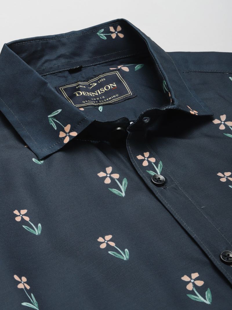 Men Navy Blue Smart Slim Fit Floral Printed Formal Shirt