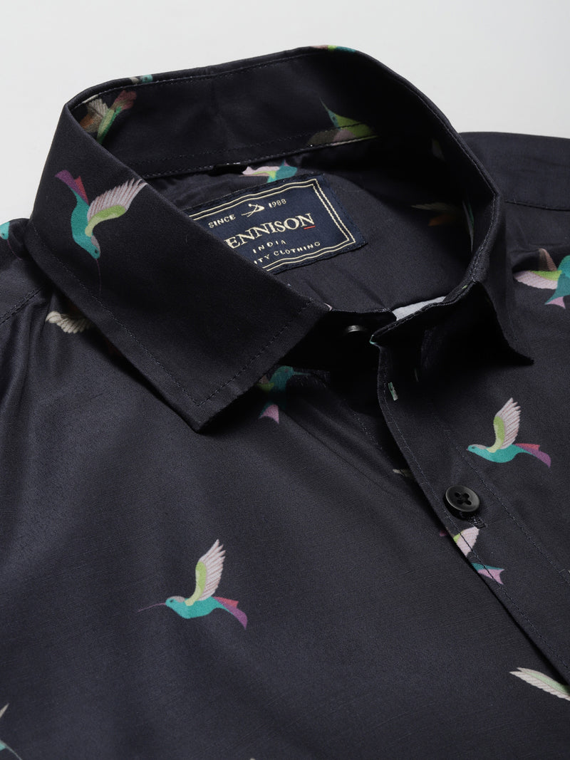 Men Navy Blue Smart Slim Fit Printed Formal Shirt