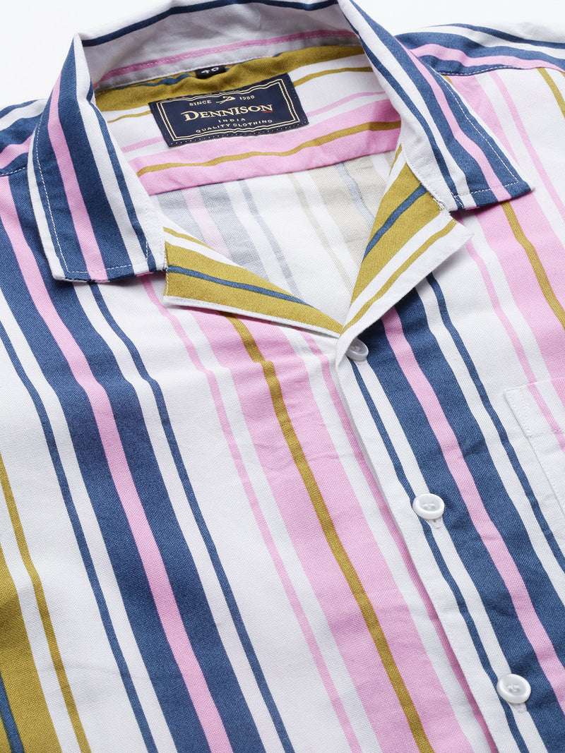 Men Pink  Blue Smart Multi Stripes Cotton Casual Shirt
