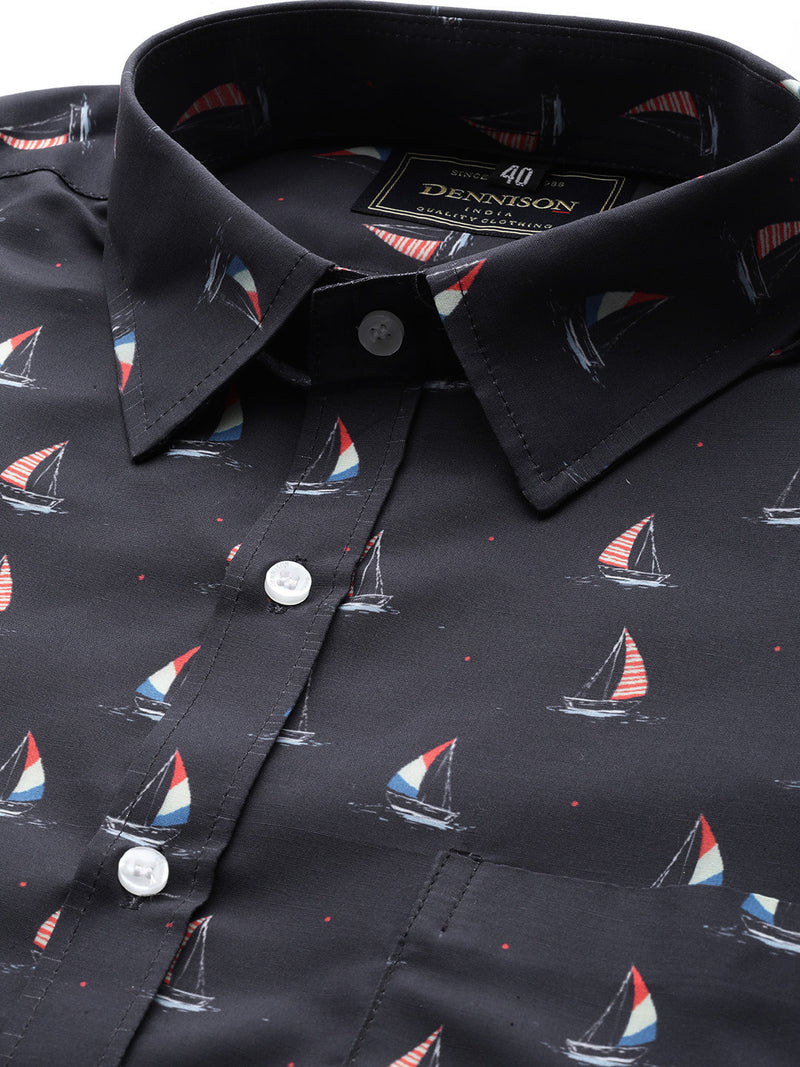 Navy Blue: Conversational Printed Formal Shirt