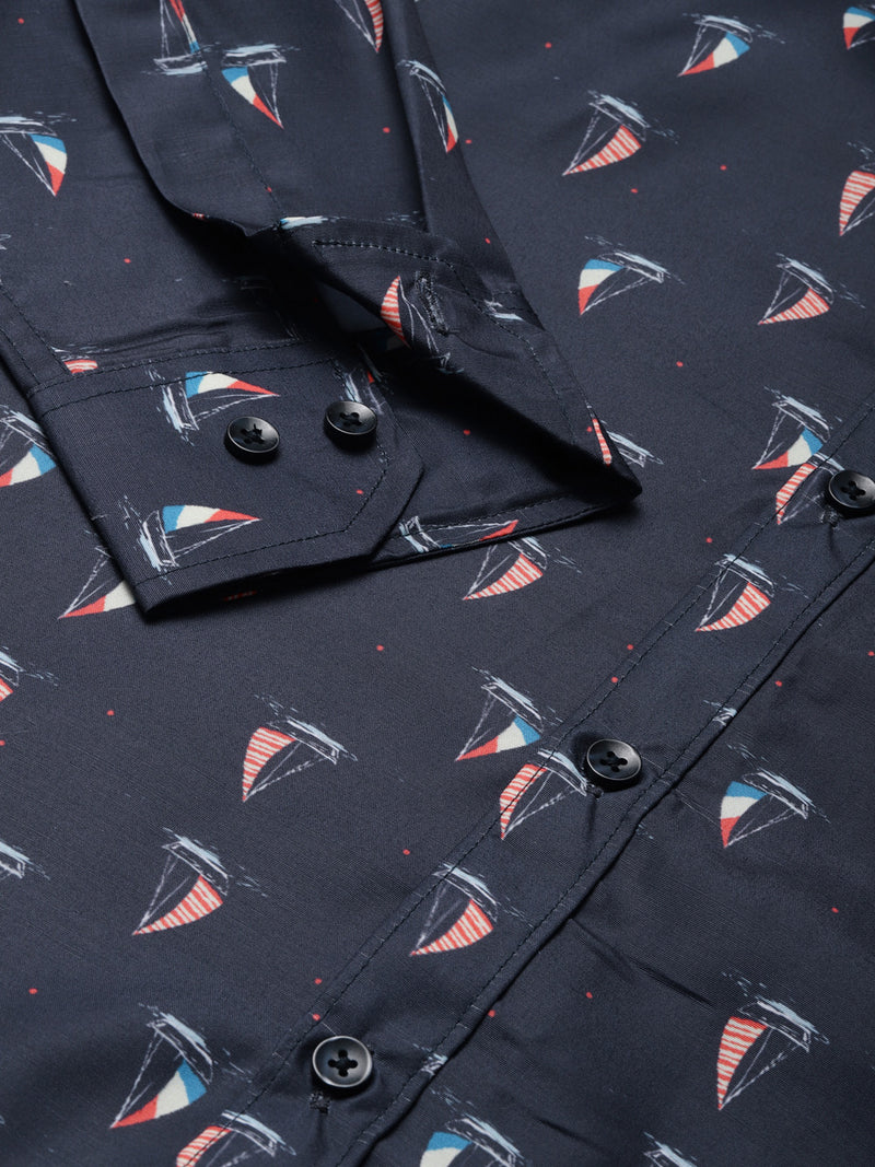 Men Navy Blue Smart Slim Fit Printed Casual Shirt