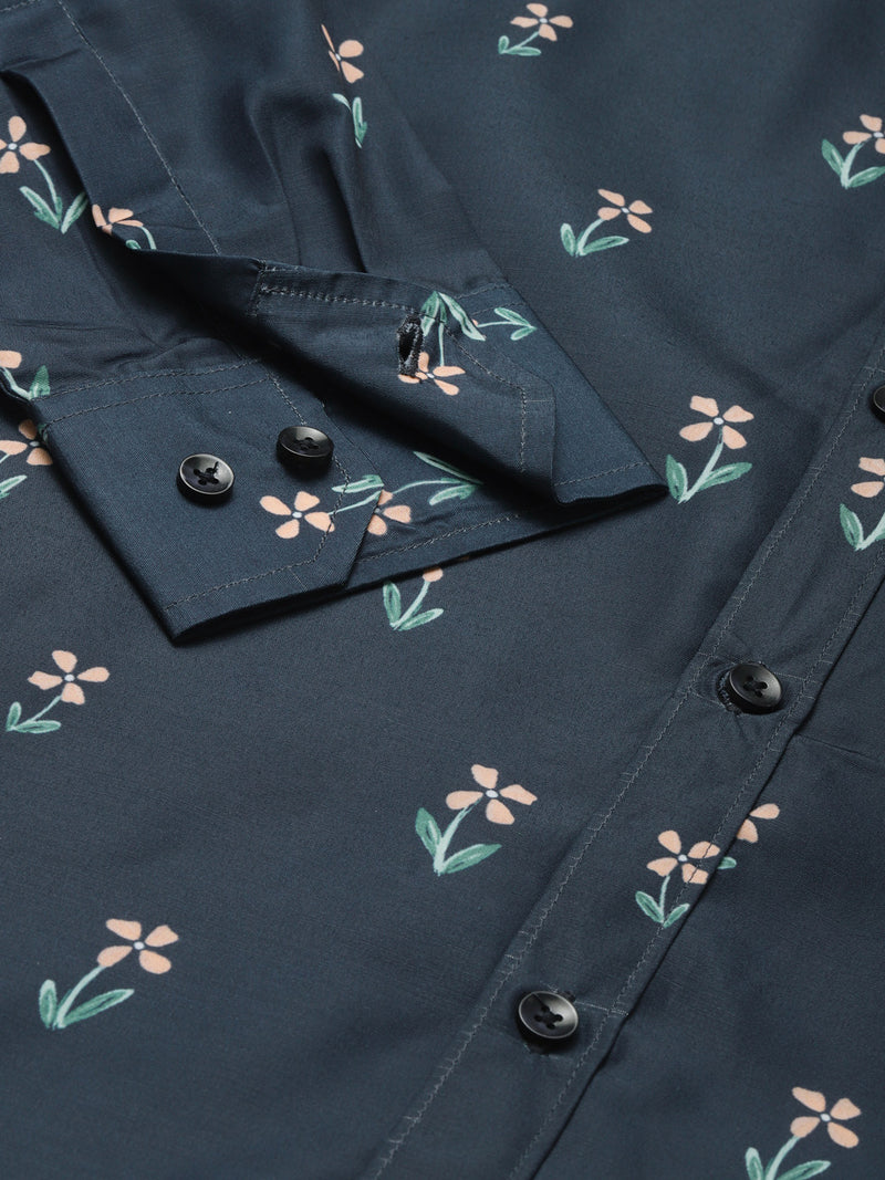 Men Navy Blue Smart Slim Fit Floral Printed Formal Shirt