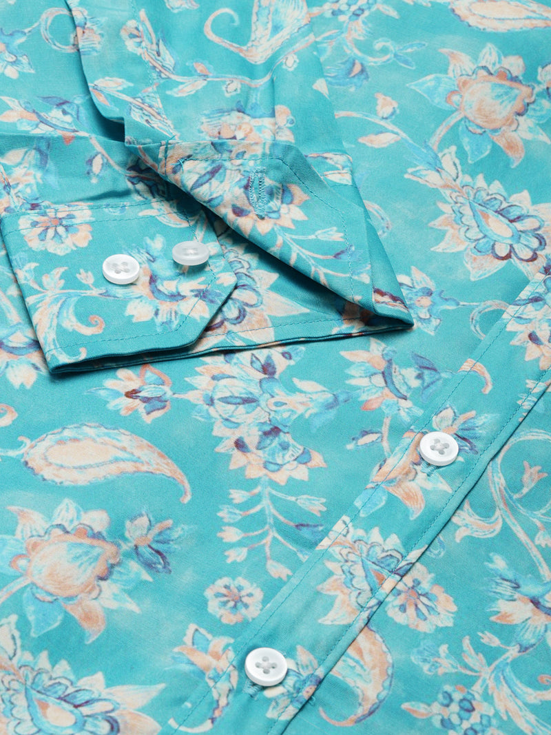 Men Turquoise Blue Smart Slim Fit Floral Printed Formal Shirt