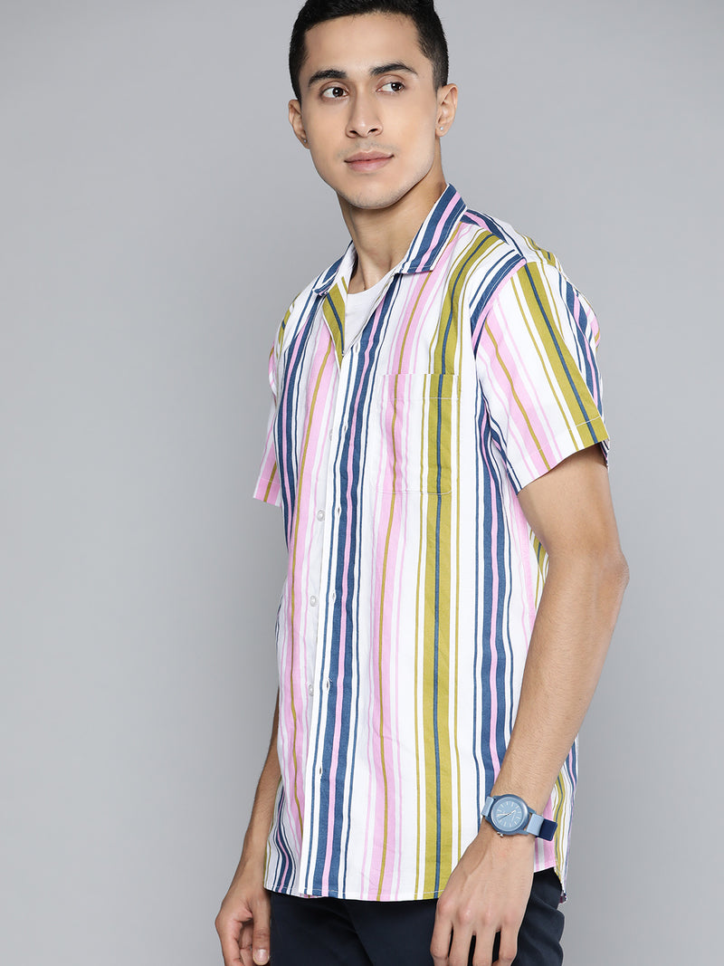 Men Pink  Blue Smart Multi Stripes Cotton Casual Shirt