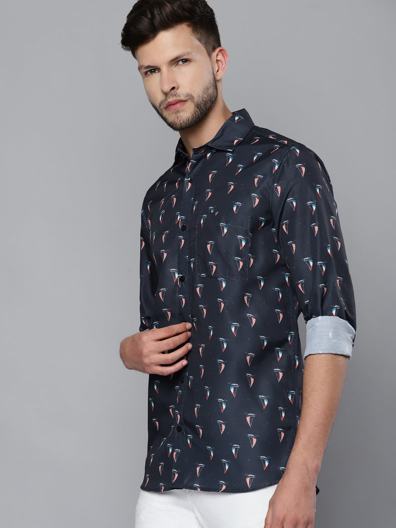 Men Navy Blue Smart Slim Fit Printed Casual Shirt
