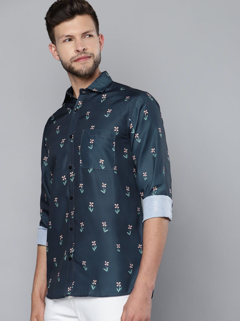 Men Navy Blue Smart Slim Fit Floral Printed Formal Shirt