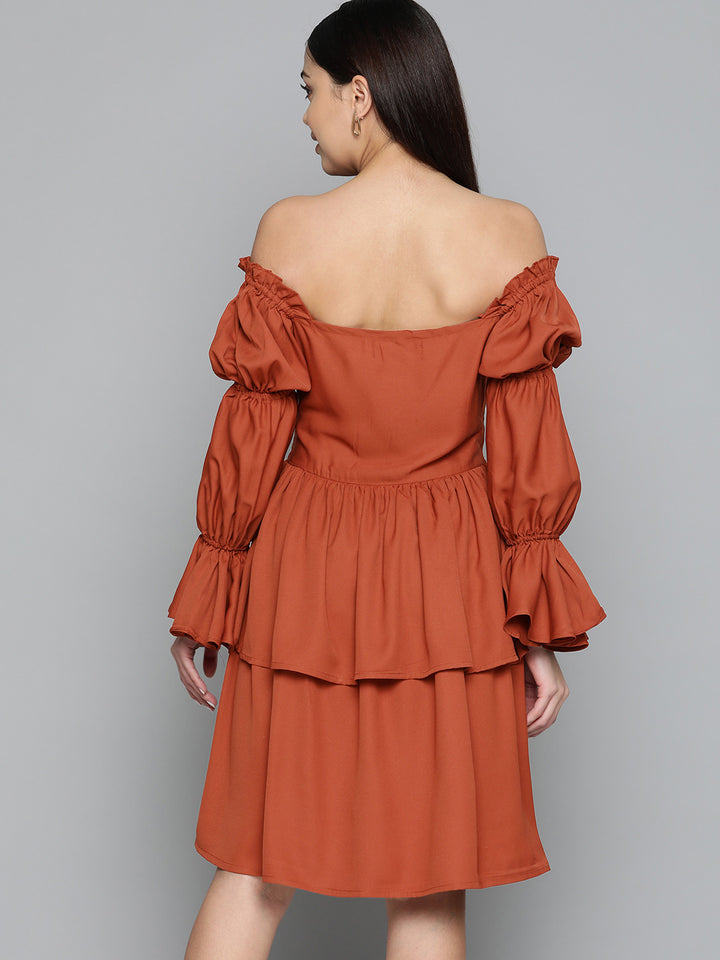 Rust Off-Shoulder Crepe Tiered Smocked Dress