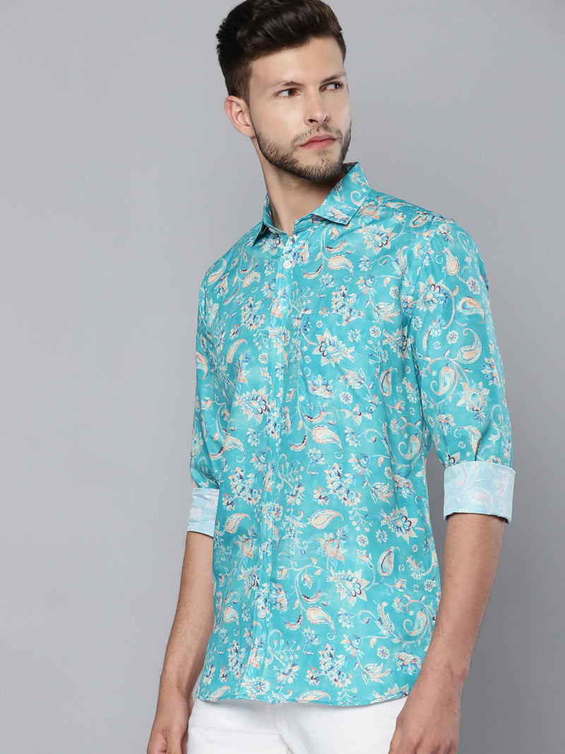 Men Turquoise Blue Smart Slim Fit Floral Printed Formal Shirt
