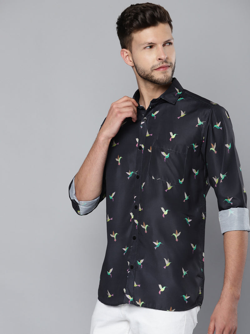 Men Navy Blue Smart Slim Fit Printed Formal Shirt