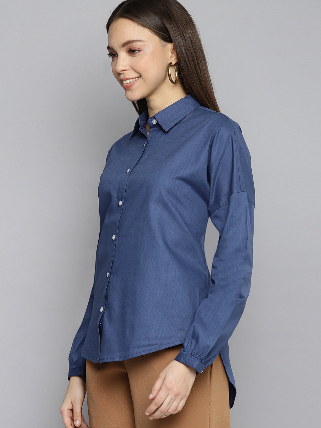 DENNISON Women Blue Oversized Puff Sleeves Casual Shirt
