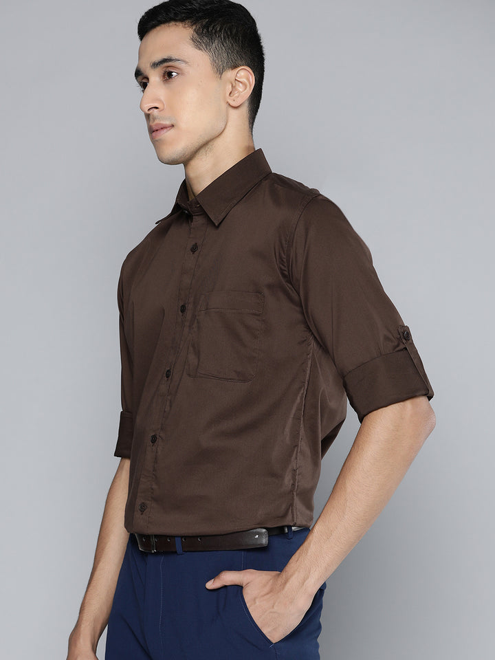Men Brown Solid Smart Slim Fit Stretchable Lycra Formal Shirt