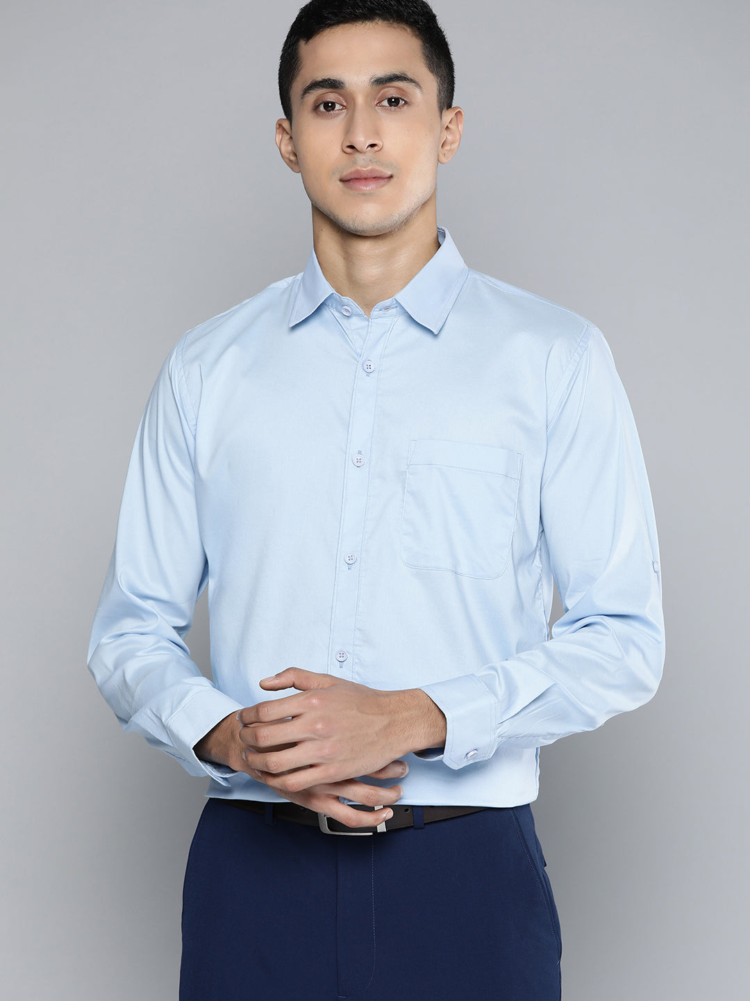 Men Blue Solid Smart Slim Fit Stretchable Lycra Formal Shirt