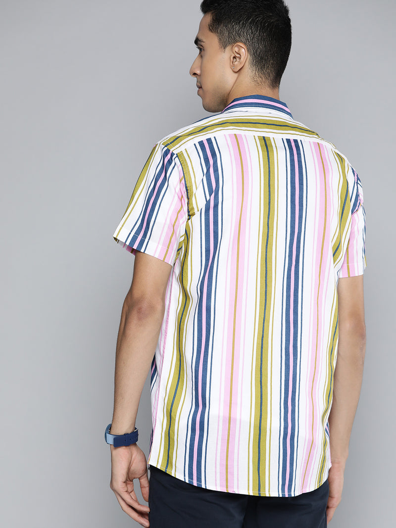 Men Pink  Blue Smart Multi Stripes Cotton Casual Shirt