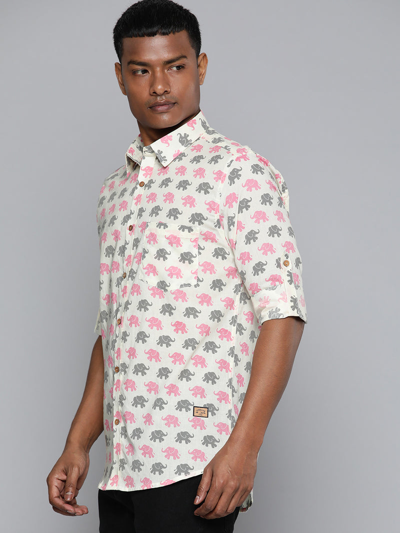 DENNISON Men Cream-Coloured Block Printed Shirt