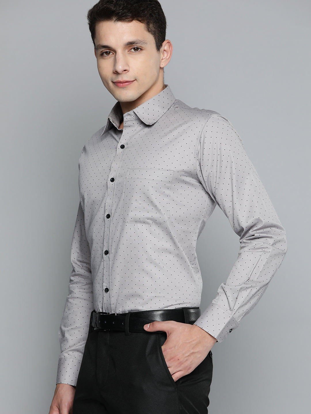 DENNISON Men Grey Smart Polka Dots Printed Formal Shirt