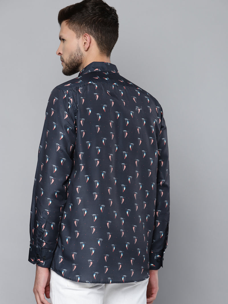 Men Navy Blue Smart Slim Fit Printed Casual Shirt