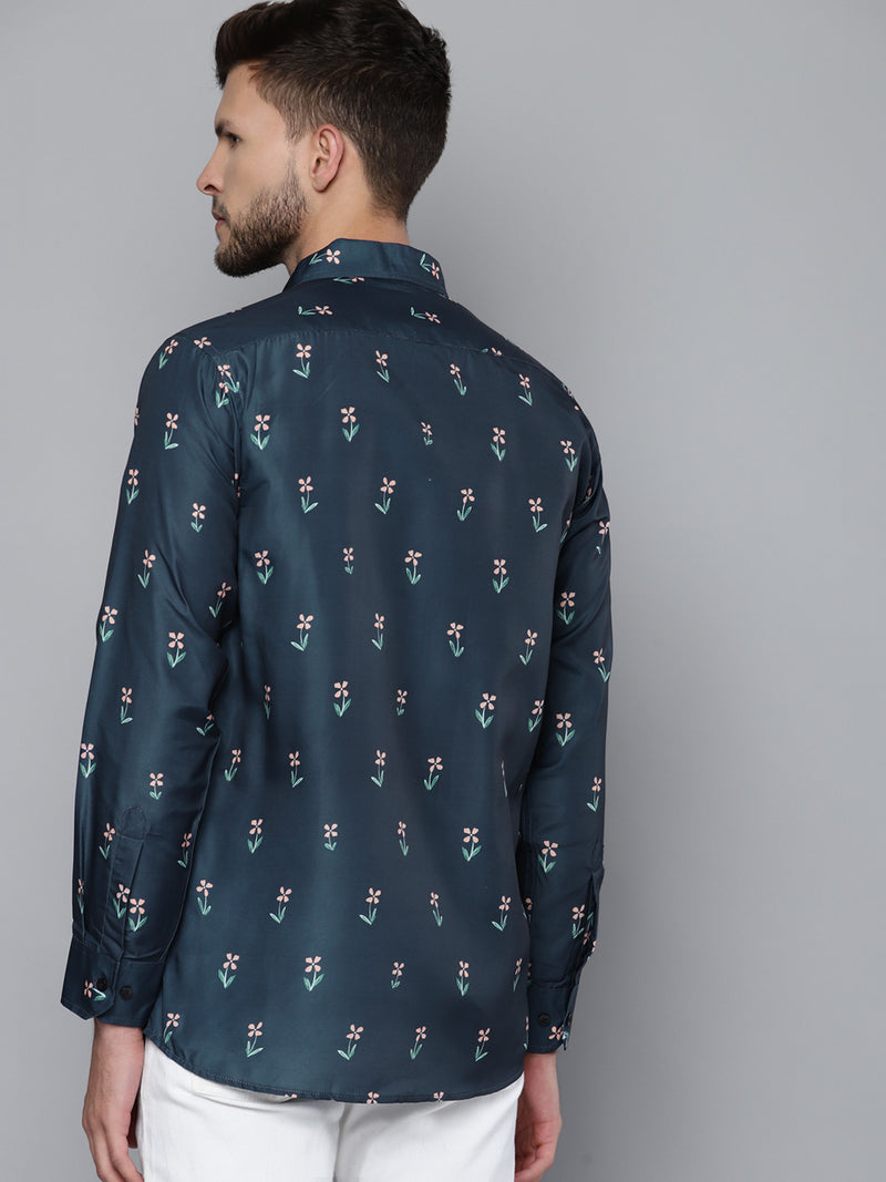Men Navy Blue Smart Slim Fit Floral Printed Formal Shirt